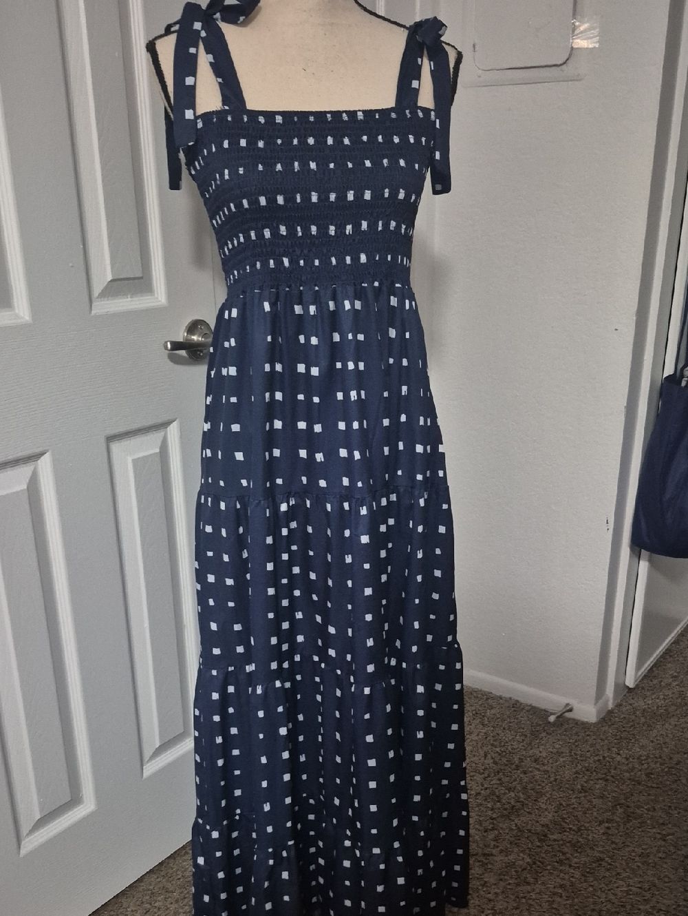 Navy Blue Polka Dot Sundress Smocked Maxi Dress with Tie Shoulder Straps Sz M